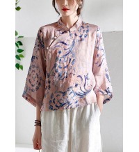 Pink Stand Collar Print Button Summer Ramie Top