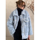 French Blue Button Faux Fur Winter Casual Coat