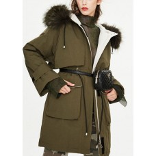 Modern Army Green Raccoon hair collar Pockets tie waist Winter Duck Down Puffer Coat