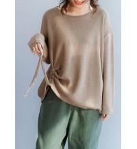 Chunky o neck khaki knit sweat tops fall fashion drawstring knit