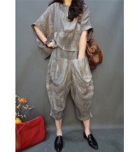 Vogue Grey O-Neck wrinkled Linen Top And Harm Pants Two Pieces Set Batwing Sleeve