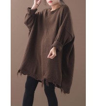 Cozy khaki box top Loose fitting Batwing Sleeve sweaters hem Hole