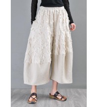 Natural Beige Patchwork asymmetrical design Cotton Linen Wide Leg Summer Pants