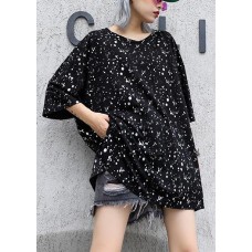 Bohemian black dotted cotton tunic top v neck side open Plus Size Clothing summer tops