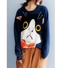 Women navy sweater tops winter Loose fitting animal print knitwear