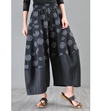 Stylish Black Print asymmetrical design Cotton Linen Wide Leg Pants Summer