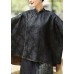 Vintage Black Stand Collar low high design Jacquard Silk Tops Batwing Sleeve