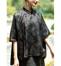 Vintage Black Stand Collar low high design Jacquard Silk Tops Batwing Sleeve