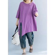 Art purple o neck cotton box top asymmetric hem Plus Size Clothing summer top