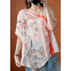 Stylish Orange Red Button asymmetrical design Print Fall Shirt Half Sleeve