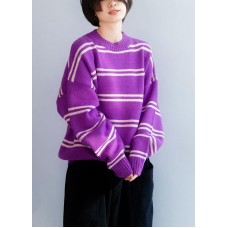 Comfy o neck purple striped knitwear Loose fitting thick Sweater Blouse