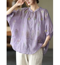 Plus Size Purple Embroideried Loose Fall Three Quarter sleeve Top