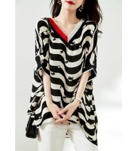 Plus Size Black V Neck Striped Low High Design Chiffon Tops Half Sleeve