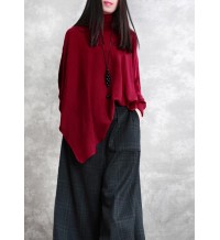 Loose red tops asymmetric hem oversized high neck blouse