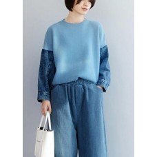 Fashion blue knitted pullover patchwork sleeve fashion o neck knit tops