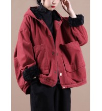 Art Red Hooded Pockets Warm Fleece Coat Winter