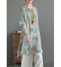 Blue O-Neck Print Low High Design Linen Shirts Half Sleeve