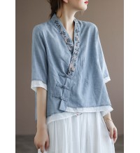 Chinese Style Lake Blue V Neck Double-deck Cotton Top Half Sleeve