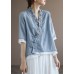 Chinese Style Lake Blue V Neck Double-deck Cotton Top Half Sleeve