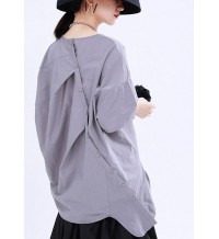 French Grey asymmetrical design Button Patchwork Fall Shirt Half Sleeve