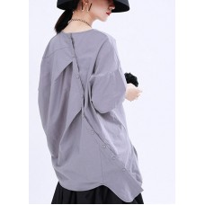French Grey asymmetrical design Button Patchwork Fall Shirt Half Sleeve