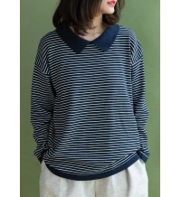 Aesthetic navy striped knitted t shirt lapel collar Loose fitting knitted blouse