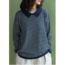 Aesthetic navy striped knitted t shirt lapel collar Loose fitting knitted blouse