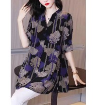 Beautiful Black Button Peter Pan Collar Print Chiffon Shirt Tops Half Sleeve