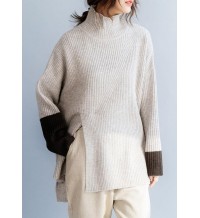 For Spring beige knitted top plus size high neck knit wear front open