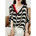 Plus Size Black V Neck Striped Low High Design Chiffon Tops Half Sleeve