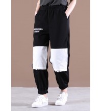 Natural Black Elastic Waist Patchwork Pants Summer Cotton
