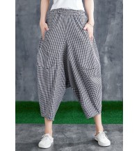 Stitching Cotton Linen Drop Crotch Pants Summer Linen Plaid Loose Large Size