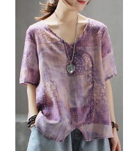 French cotton Tunic stylish Light And Loose Printed Cotton Linen T-Shirt