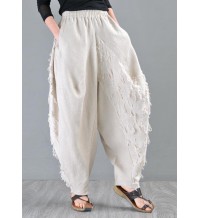 Plus Size Beige Pockets Cotton Linen Radish trousers Pants Summer