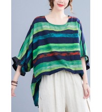 French Green O-Neck Print Ruffled Fall Striped Shirt Tops Half Sleeve