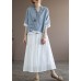 Chinese Style Lake Blue V Neck Double-deck Cotton Top Half Sleeve